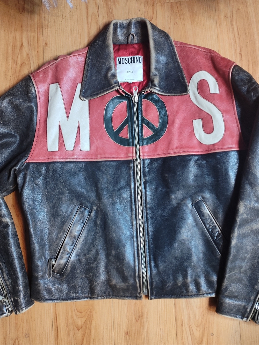 Moschino Leather Peace Sign Biker Jacket - Black & Red Sz M IT 48